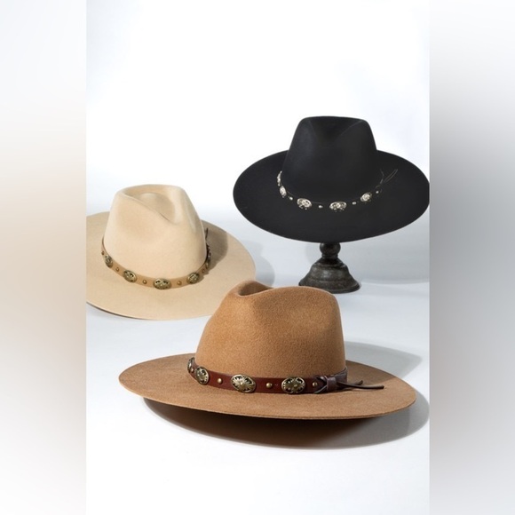 Western Inspired Wool Panama Semi Hard Brim Hat with Leather Trim Concho Detail main image 5